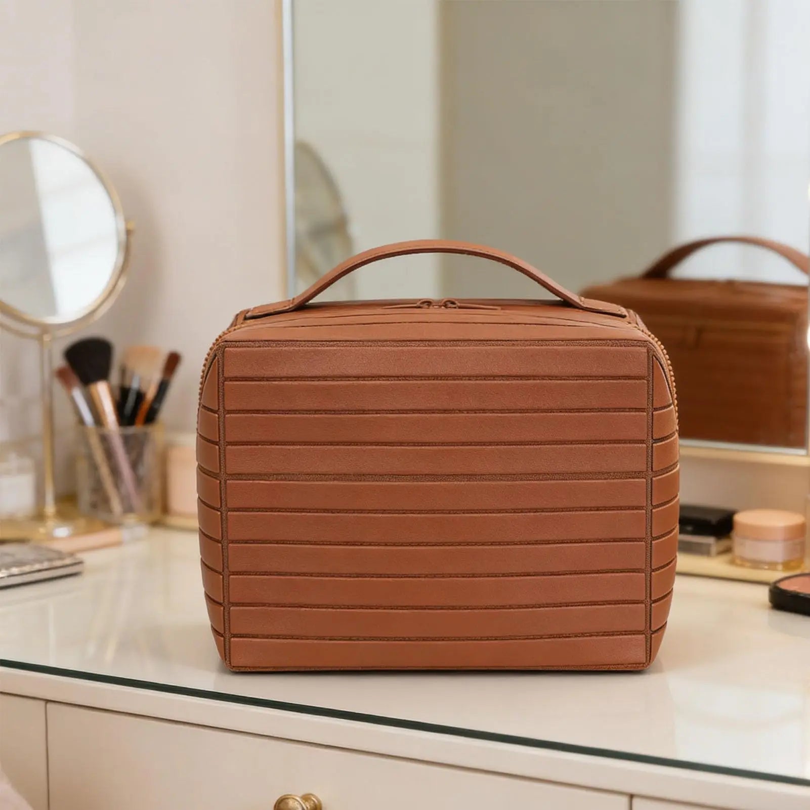 WUBYHIT Travel Makeup Bag, Large Capacity Fold down Cosmetic Bag for Women, Waterproof PVC Leather, Pull Open Toiletry Bag with Compartments, for Skincare, Brushes & Travel Essentials