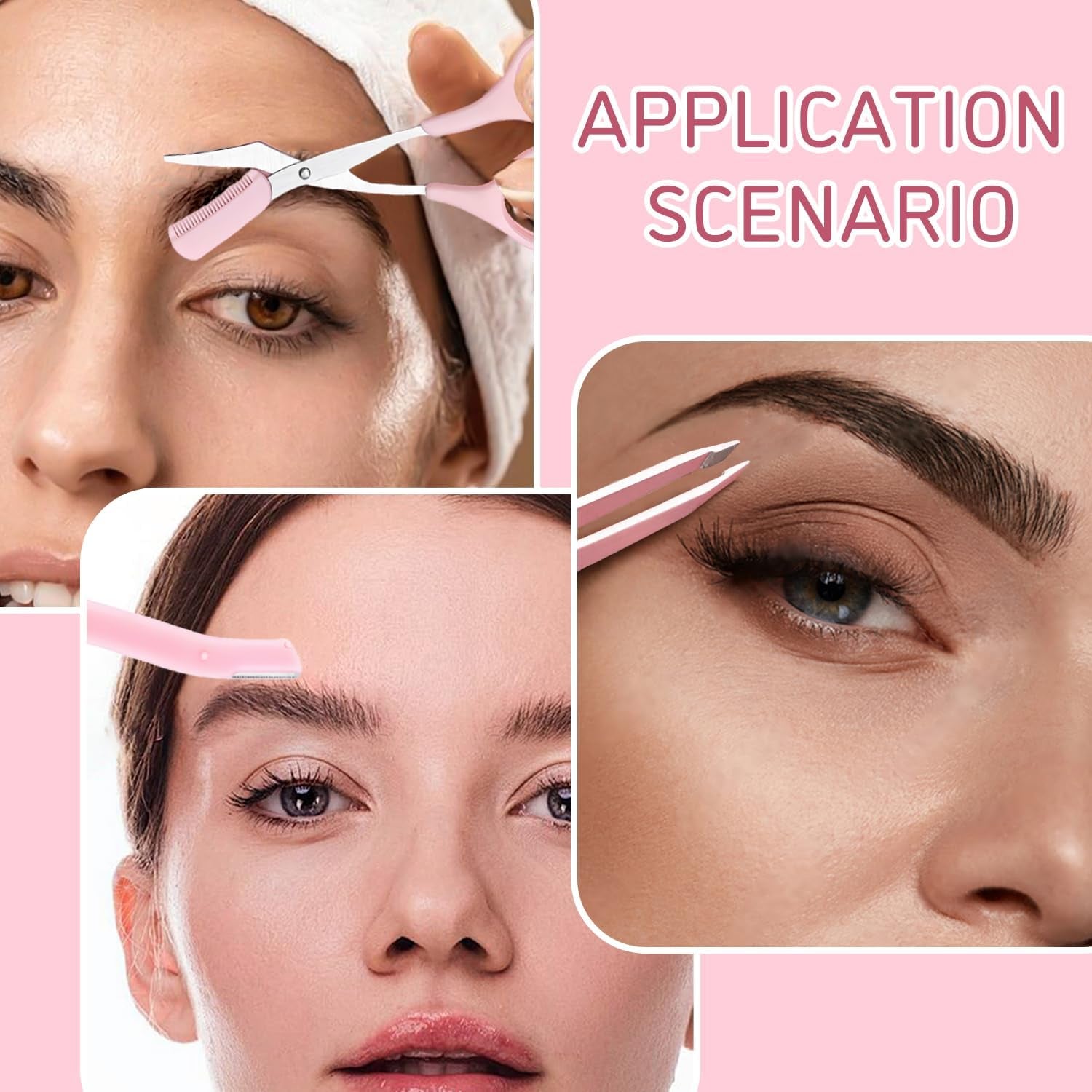 Professional Eyebrow Grooming Kit Eye Brow Scissors with Comb Razor Tweezers for Perfect Shaping Face Hair Removal Tool Men and Women(3Pcs Pink)