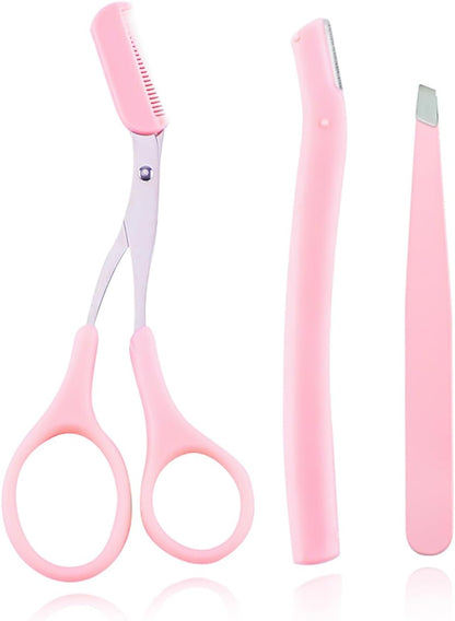 Professional Eyebrow Grooming Kit Eye Brow Scissors with Comb Razor Tweezers for Perfect Shaping Face Hair Removal Tool Men and Women(3Pcs Pink)