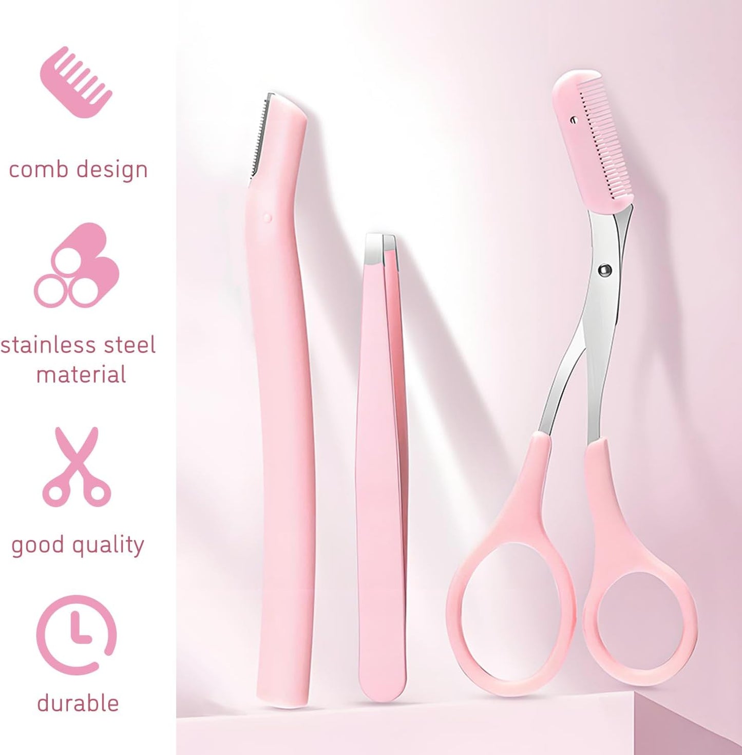 Professional Eyebrow Grooming Kit Eye Brow Scissors with Comb Razor Tweezers for Perfect Shaping Face Hair Removal Tool Men and Women(3Pcs Pink)