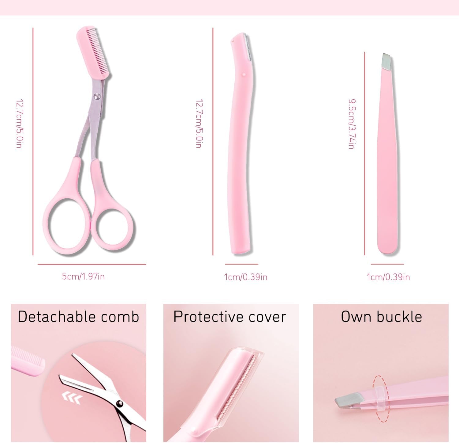 Professional Eyebrow Grooming Kit Eye Brow Scissors with Comb Razor Tweezers for Perfect Shaping Face Hair Removal Tool Men and Women(3Pcs Pink)