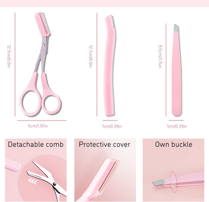 Professional Eyebrow Grooming Kit Eye Brow Scissors with Comb Razor Tweezers for Perfect Shaping Face Hair Removal Tool Men and Women(3Pcs Pink)