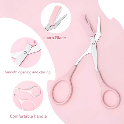 Professional Eyebrow Grooming Kit Eye Brow Scissors with Comb Razor Tweezers for Perfect Shaping Face Hair Removal Tool Men and Women(3Pcs Pink)