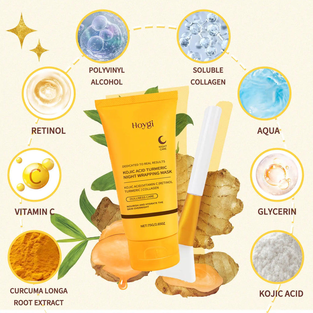 Overnight Facial Peel with Turmeric & Collagen - Exfoliating & Brightening Treatment to Hydrate Acne Prone Skin, Includes Silicone Brush, Nourishing, Kojic Acid, Adults, Dry, Sensitive, Mask, Skin Care Products, Radiant, Gentle, Peel-Off, Wrap Mask