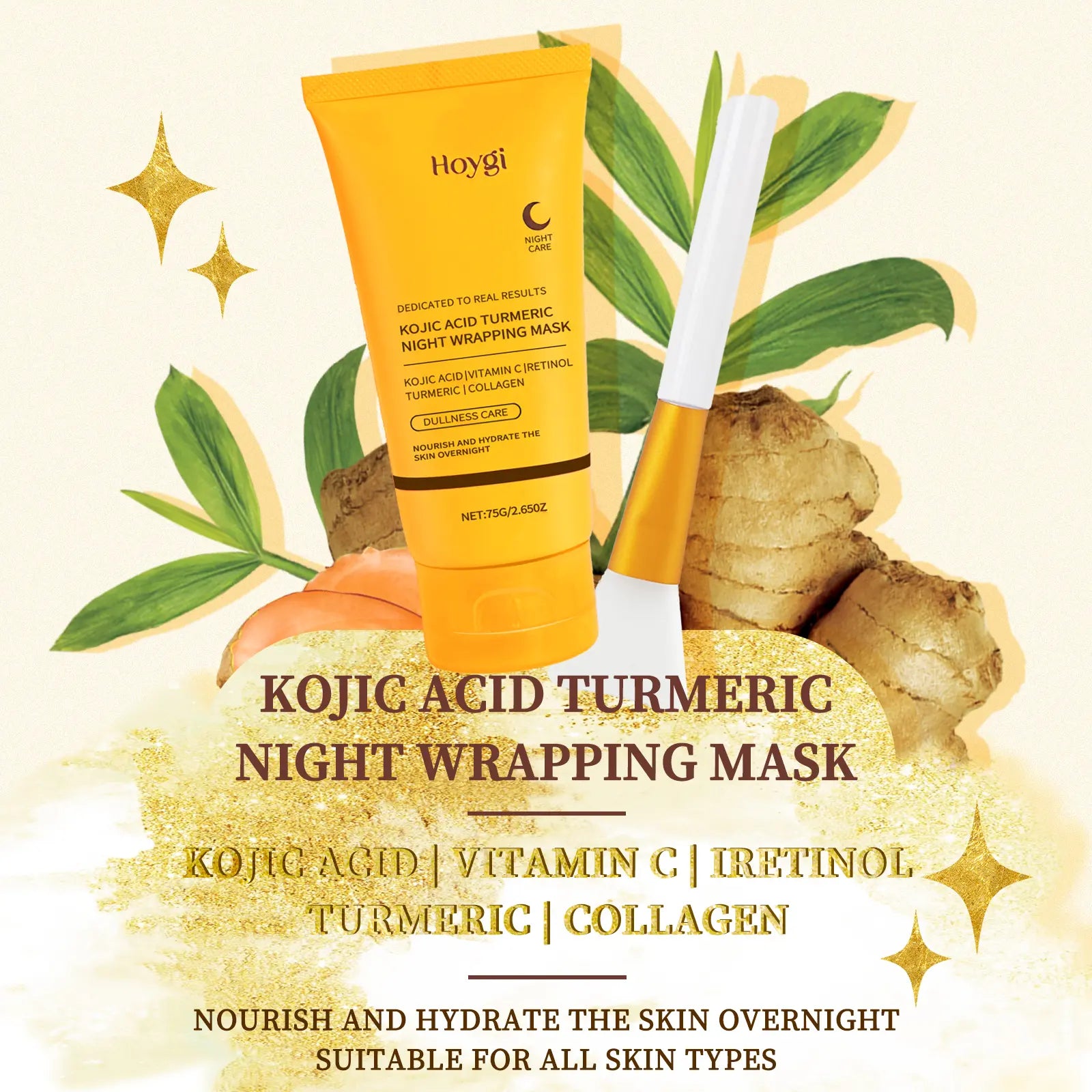 Overnight Facial Peel with Turmeric & Collagen - Exfoliating & Brightening Treatment to Hydrate Acne Prone Skin, Includes Silicone Brush, Nourishing, Kojic Acid, Adults, Dry, Sensitive, Mask, Skin Care Products, Radiant, Gentle, Peel-Off, Wrap Mask