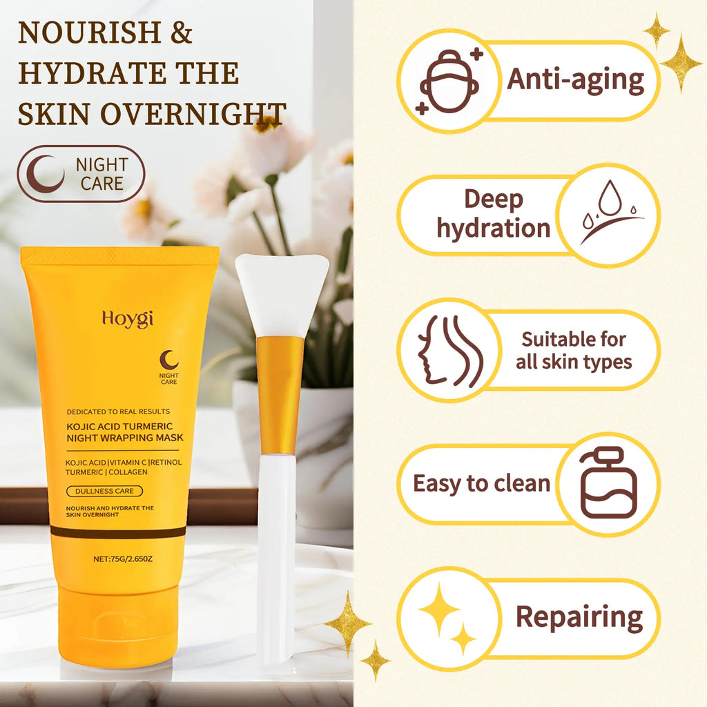 Overnight Facial Peel with Turmeric & Collagen - Exfoliating & Brightening Treatment to Hydrate Acne Prone Skin, Includes Silicone Brush, Nourishing, Kojic Acid, Adults, Dry, Sensitive, Mask, Skin Care Products, Radiant, Gentle, Peel-Off, Wrap Mask