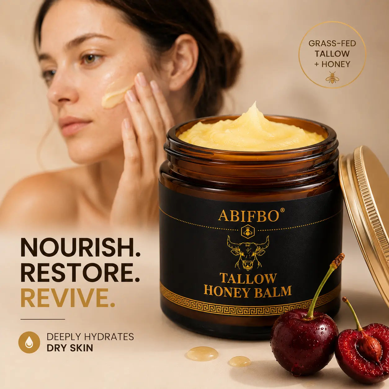 Grass-Fed Beef Tallow Balm with Raw Honey, Deep Moisturizer for Dry Sensitive Skin, Nourishing Face & Body Balm, Natural Clean Skincare for Soft Smooth Skin