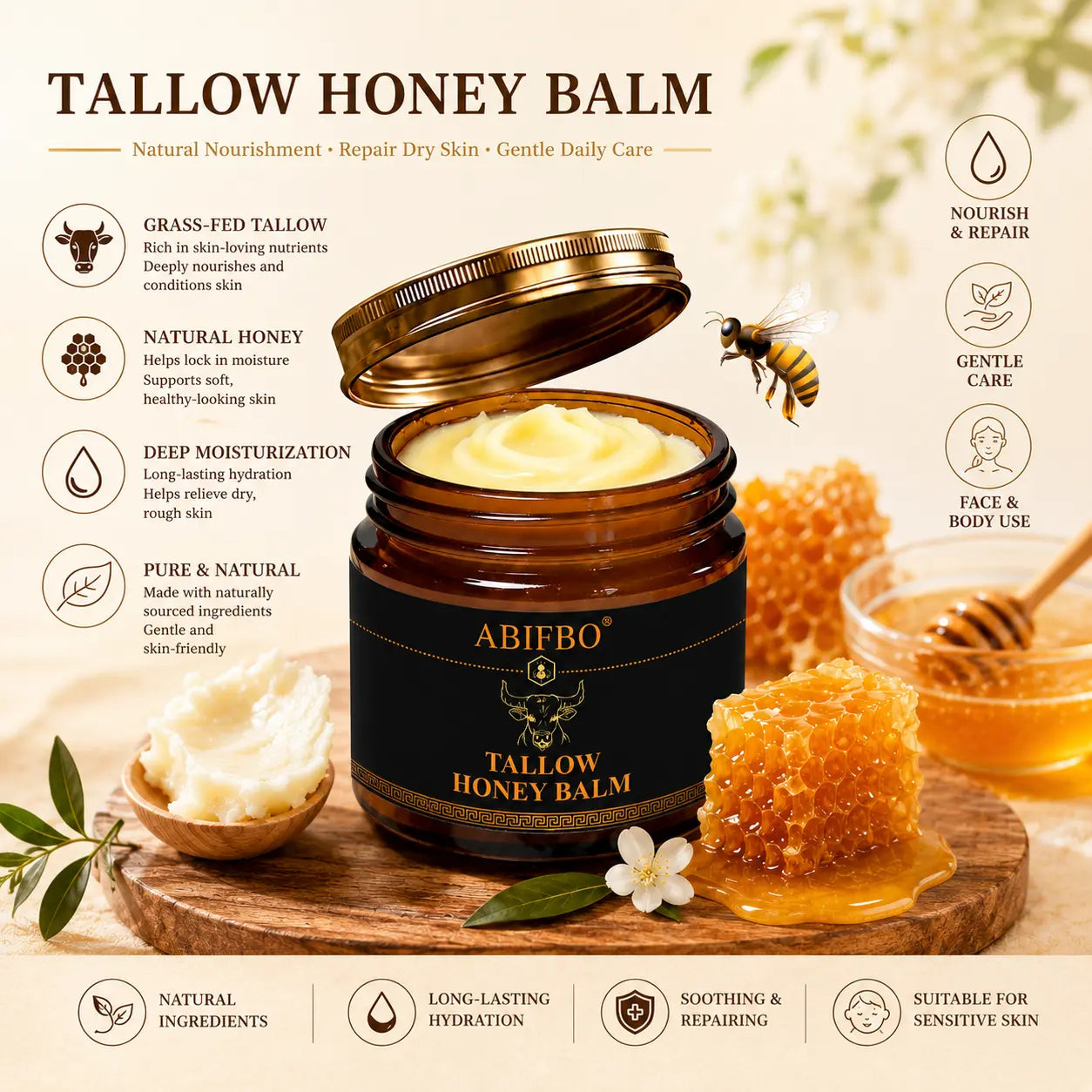 Grass-Fed Beef Tallow Balm with Raw Honey, Deep Moisturizer for Dry Sensitive Skin, Nourishing Face & Body Balm, Natural Clean Skincare for Soft Smooth Skin