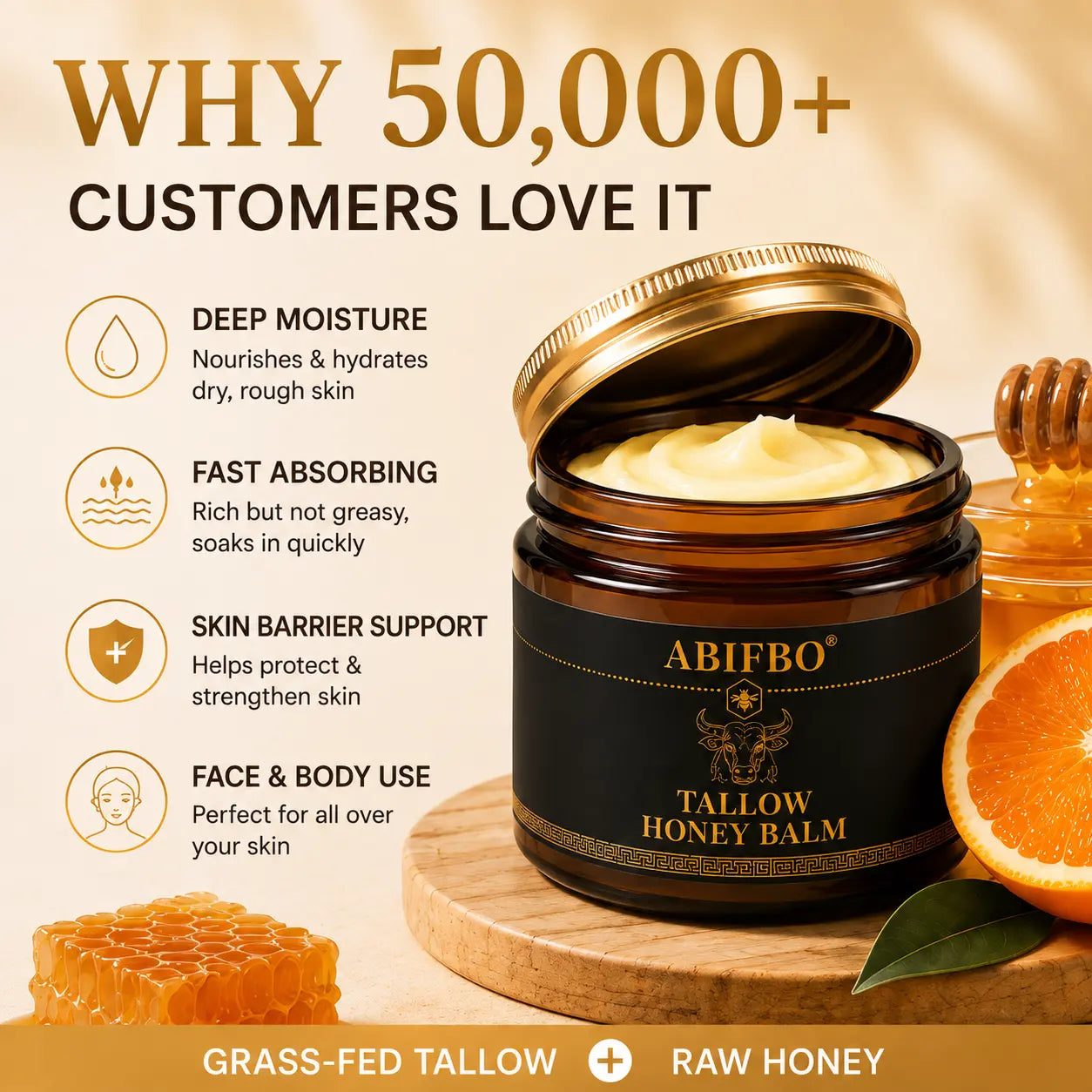 Grass-Fed Beef Tallow Balm with Raw Honey, Deep Moisturizer for Dry Sensitive Skin, Nourishing Face & Body Balm, Natural Clean Skincare for Soft Smooth Skin
