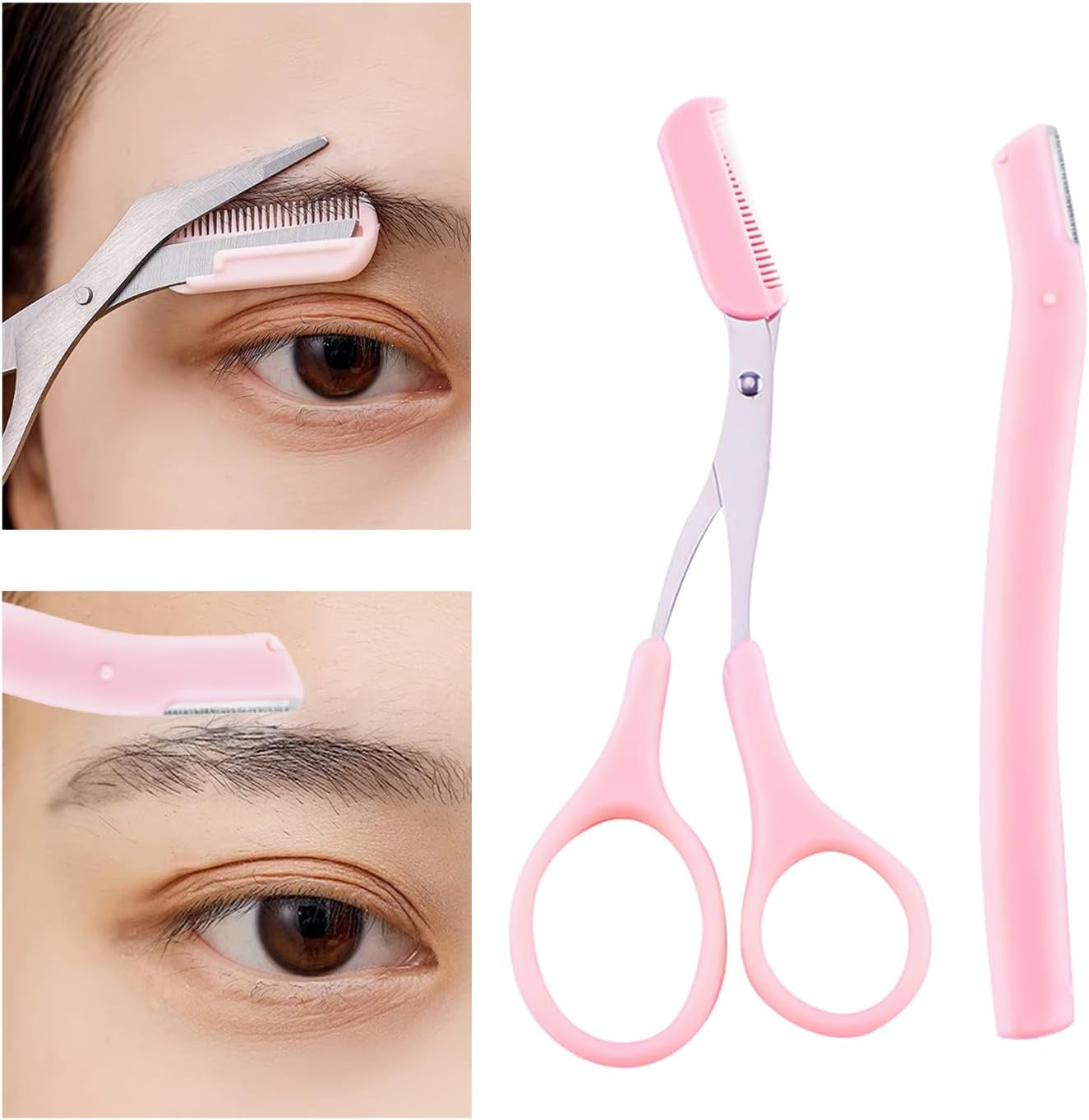 Professional Eyebrow Grooming Kit Eye Brow Scissors with Comb Razor Tweezers for Perfect Shaping Face Hair Removal Tool Men and Women(3Pcs Pink)