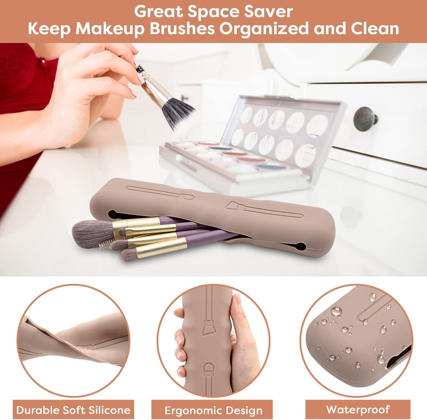 Travel Makeup Brush Holder,Silicone Makeup Brush Case Bag Soft Cute Portable Cosmetic Brushes Holders,Waterproof Makeup Brushes Organizer (Light Brown)