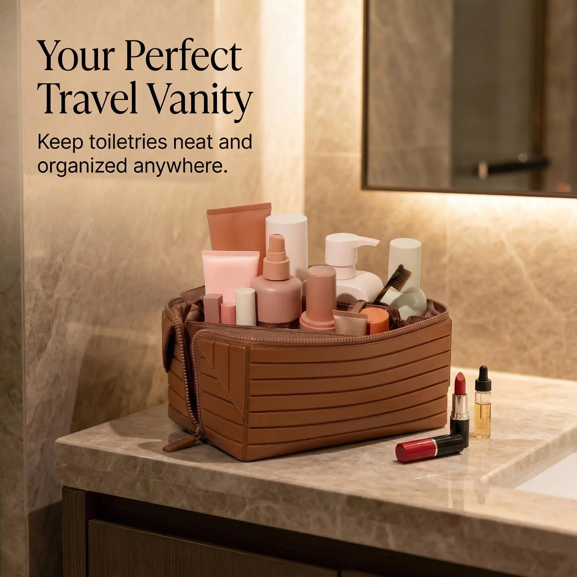 WUBYHIT Travel Makeup Bag, Large Capacity Fold down Cosmetic Bag for Women, Waterproof PVC Leather, Pull Open Toiletry Bag with Compartments, for Skincare, Brushes & Travel Essentials