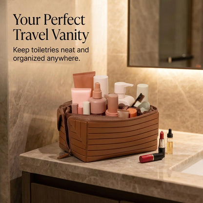WUBYHIT Travel Makeup Bag, Large Capacity Fold down Cosmetic Bag for Women, Waterproof PVC Leather, Pull Open Toiletry Bag with Compartments, for Skincare, Brushes & Travel Essentials