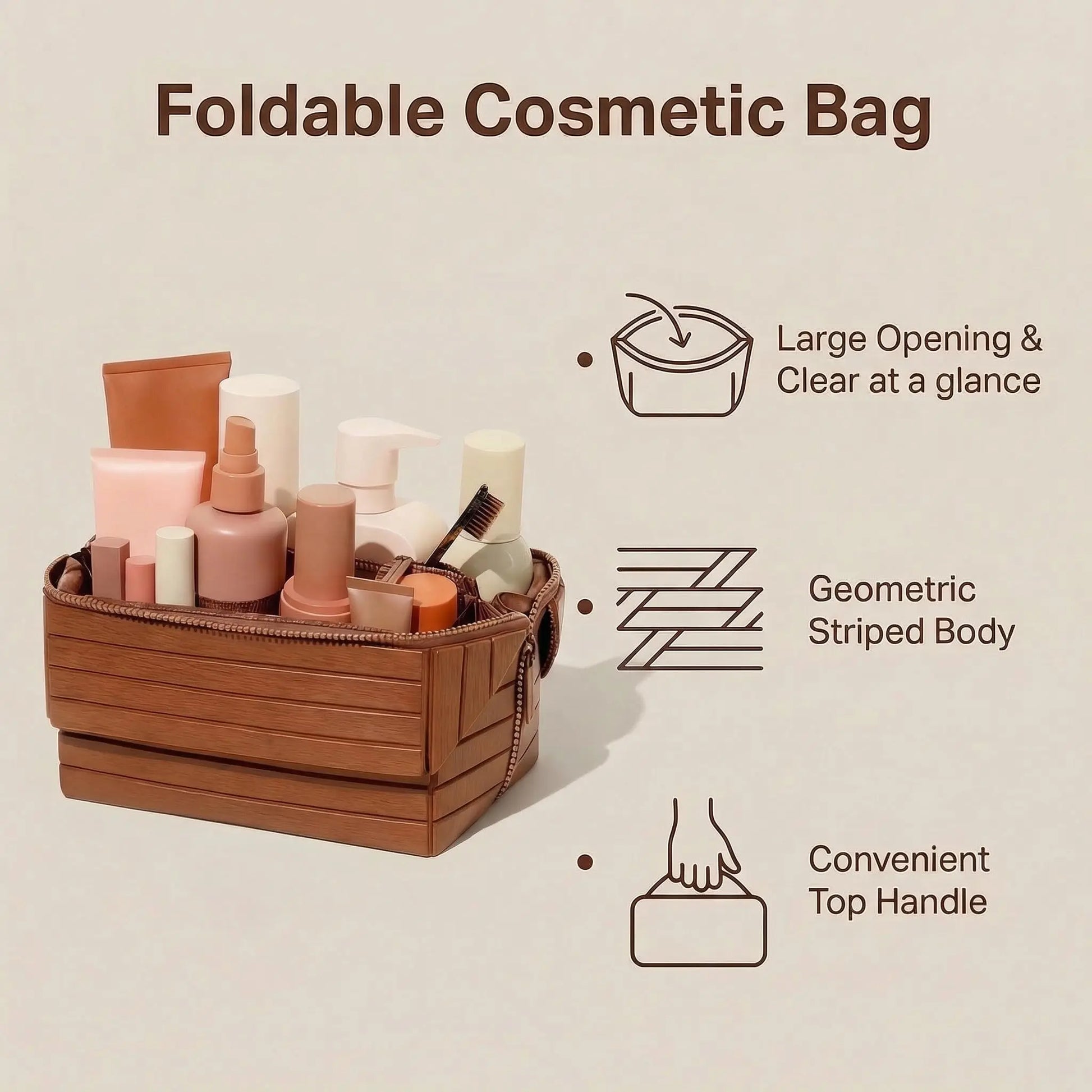 WUBYHIT Travel Makeup Bag, Large Capacity Fold down Cosmetic Bag for Women, Waterproof PVC Leather, Pull Open Toiletry Bag with Compartments, for Skincare, Brushes & Travel Essentials