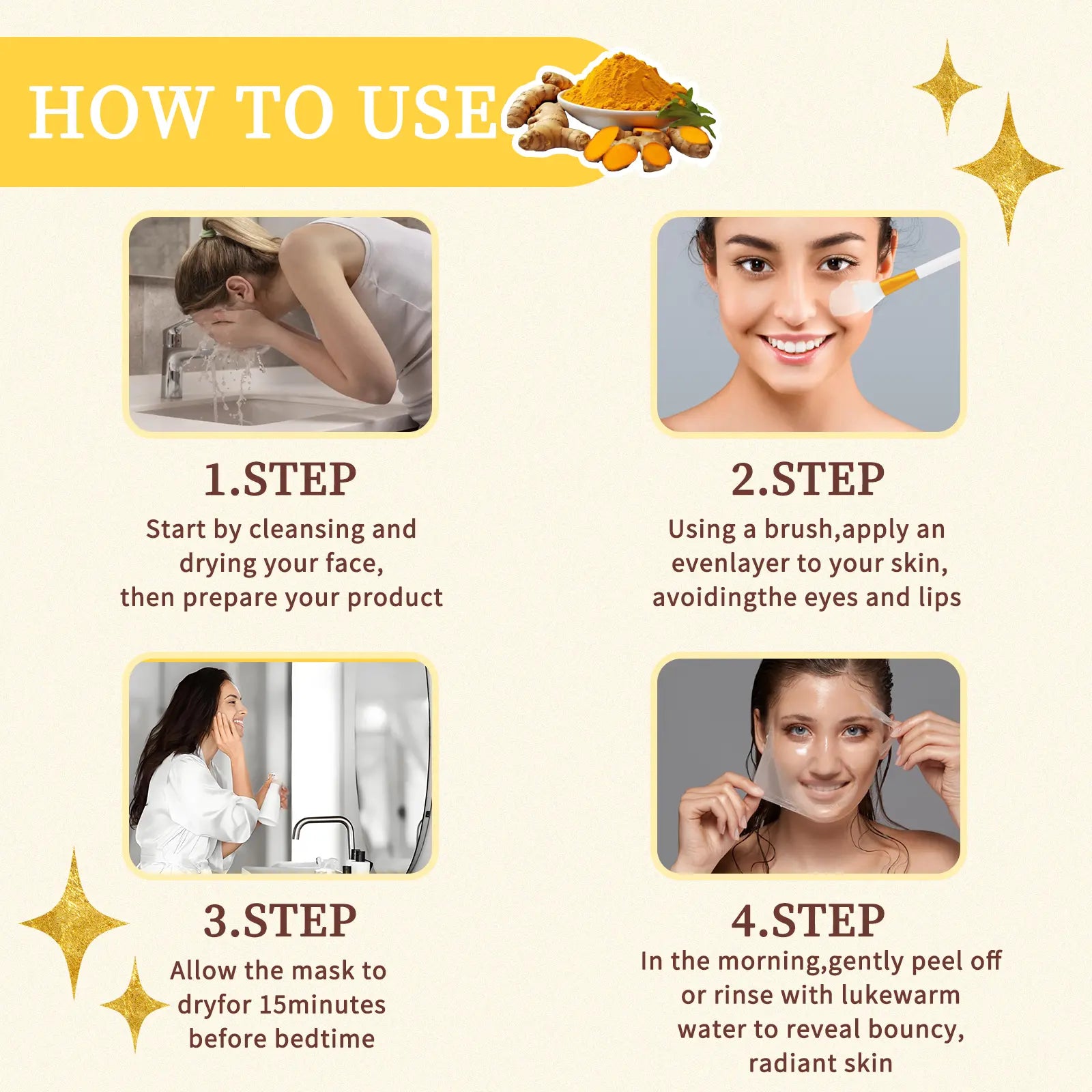 Overnight Facial Peel with Turmeric & Collagen - Exfoliating & Brightening Treatment to Hydrate Acne Prone Skin, Includes Silicone Brush, Nourishing, Kojic Acid, Adults, Dry, Sensitive, Mask, Skin Care Products, Radiant, Gentle, Peel-Off, Wrap Mask